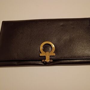 Black Salvatore Ferragamo Long Wallet with Gold Accent